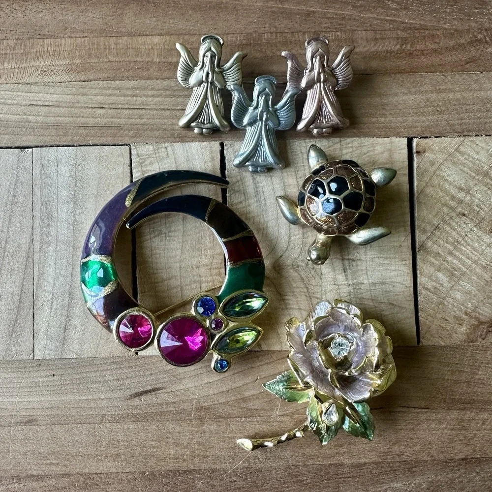 VTG RJ Graziano Flower Angel Turtle 4 Brooch Pins‎ 1.5-2.5 Inch Crystal Acrylic